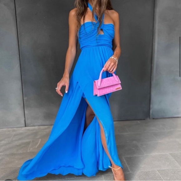 Zara | Halterneck Maxi Dress Side Slits Size Large - Picture 2 of 6